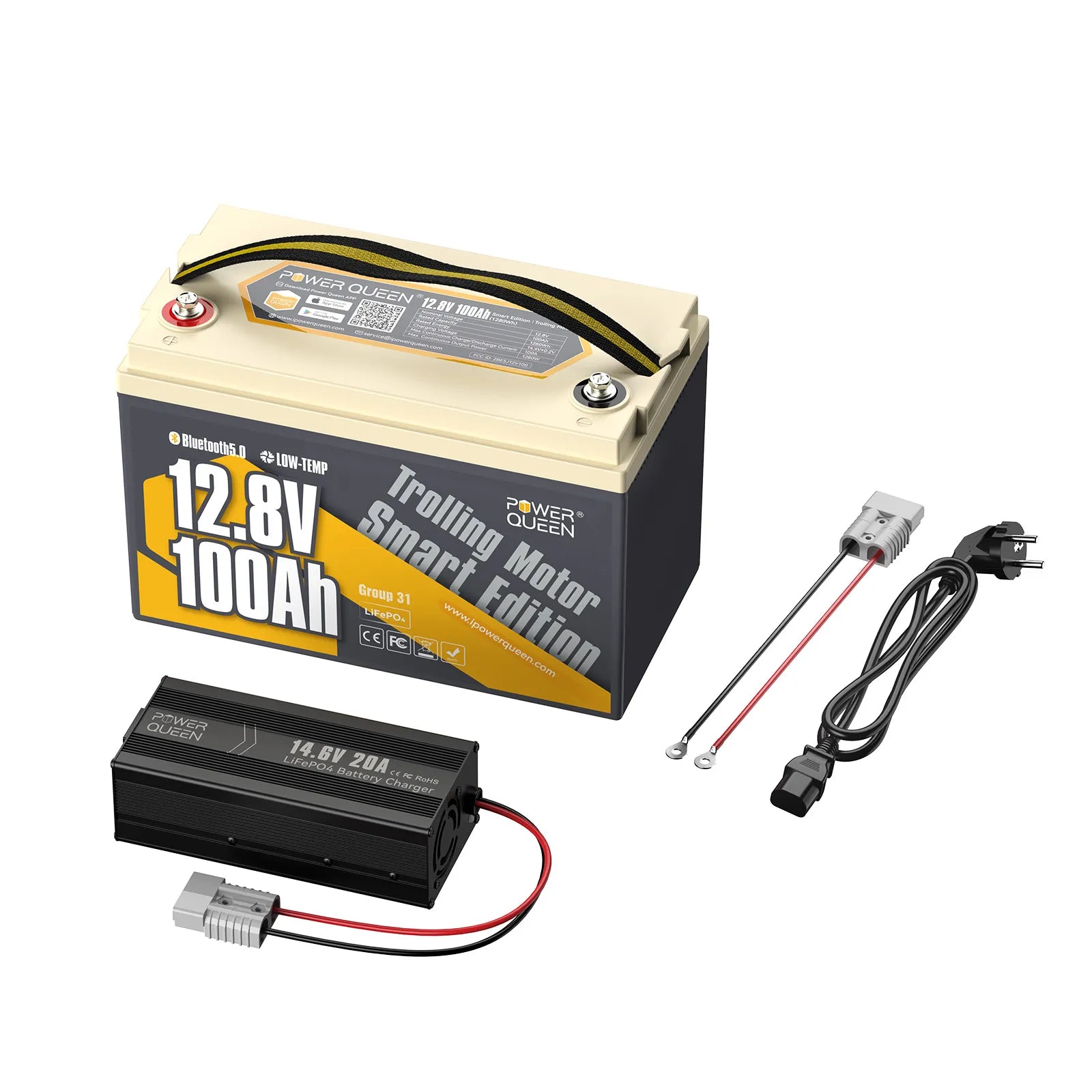 Power Queen LiFePO4 12V 100Ah Niedertemperatur Smart Elektromotor Batterie