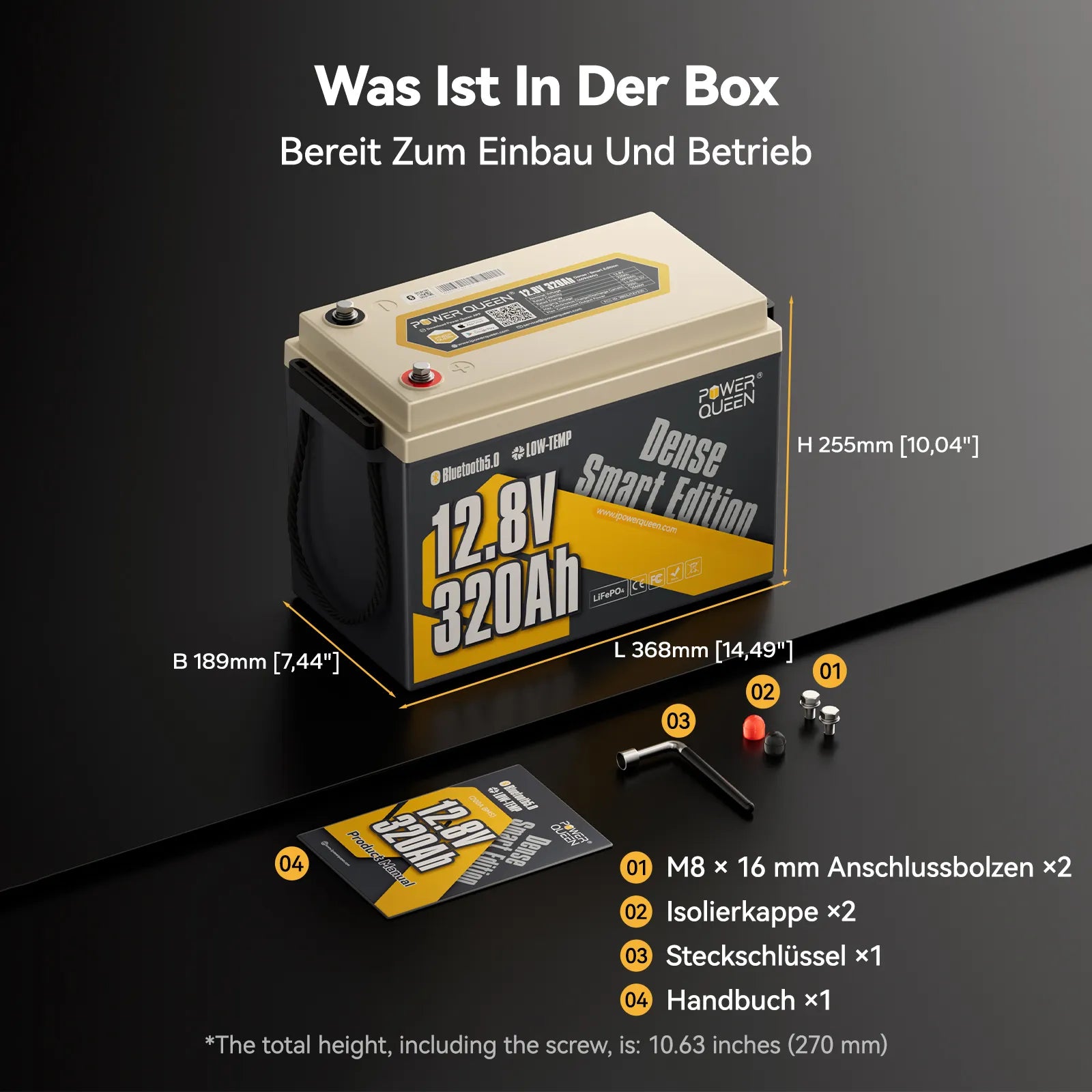 Power Queen 12V 320Ah Dense Smart LiFePO4 Batterie für Wohnmobil-Untersitz