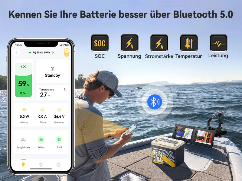 Power Queen LiFePO4 24V 50Ah Smart Niedertemperatur Elektromotor Batterie