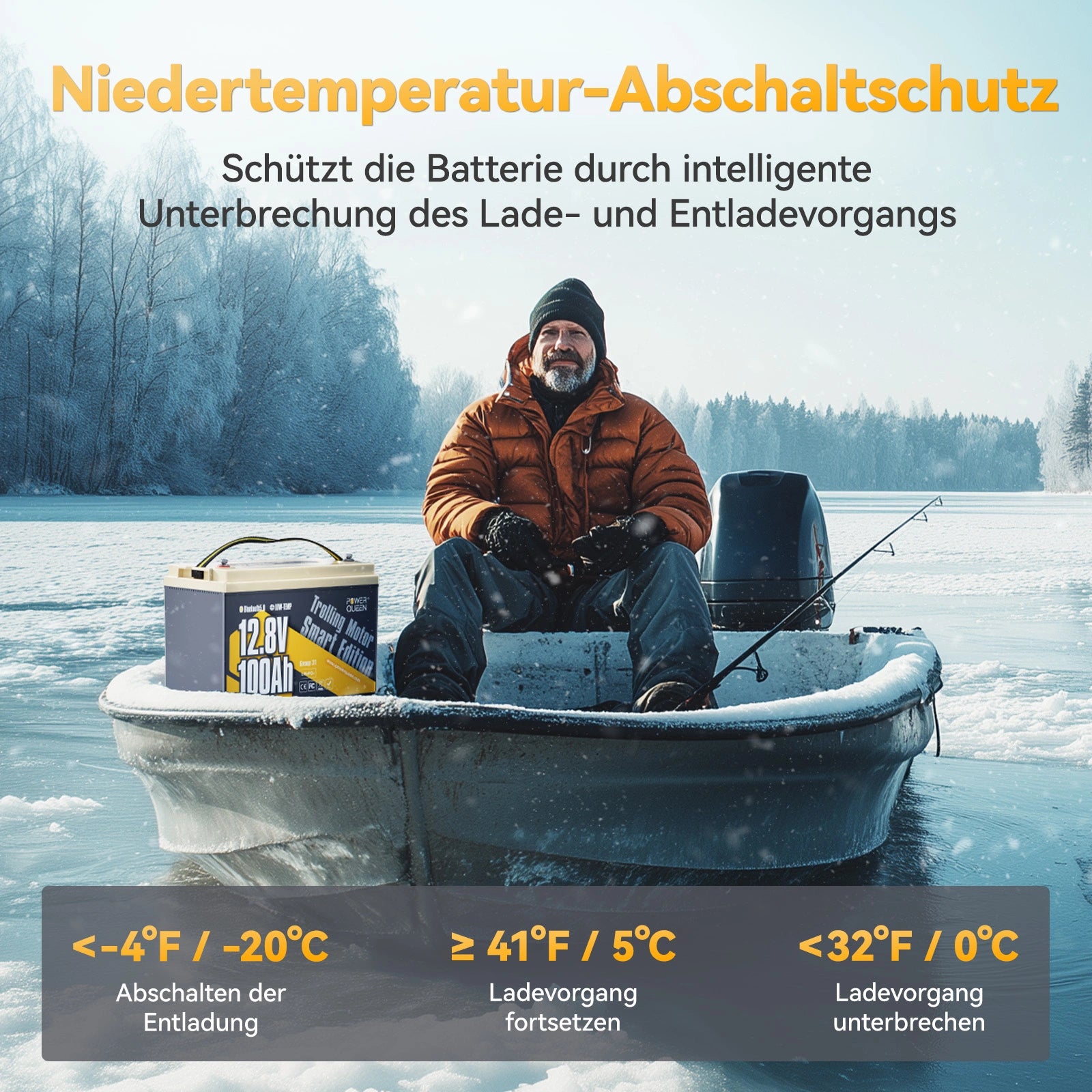 Power Queen LiFePO4 12V 100Ah Niedertemperatur Smart Elektromotor Batterie