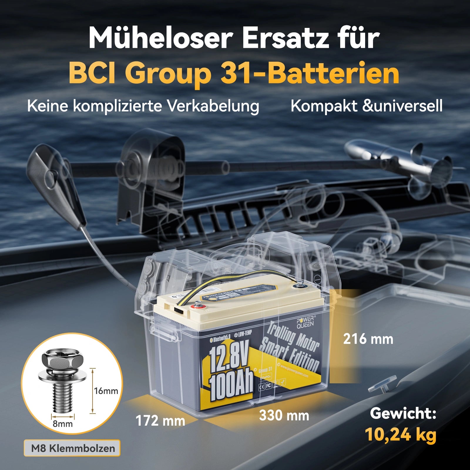 Power Queen LiFePO4 12V 100Ah Niedertemperatur Smart Elektromotor Batterie