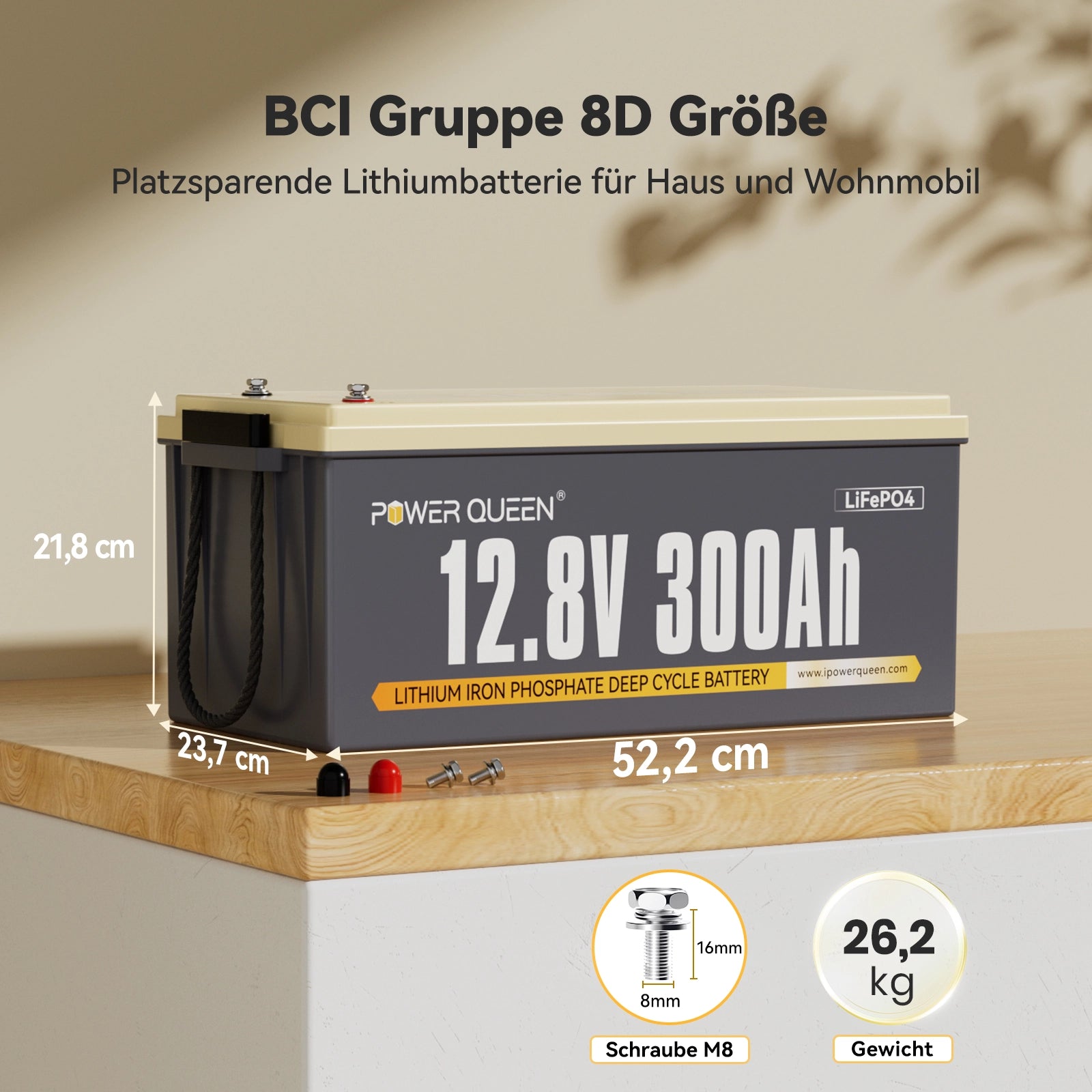 Power Queen 12V 300Ah LiFePO4 Batterie, Integriertes 200A BMS