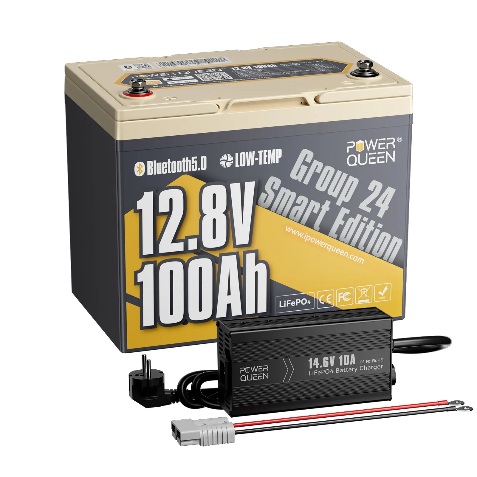 Power Queen 12V 100Ah Gruppe 24 Smart LiFePO4 Batterie mit Bluetooth