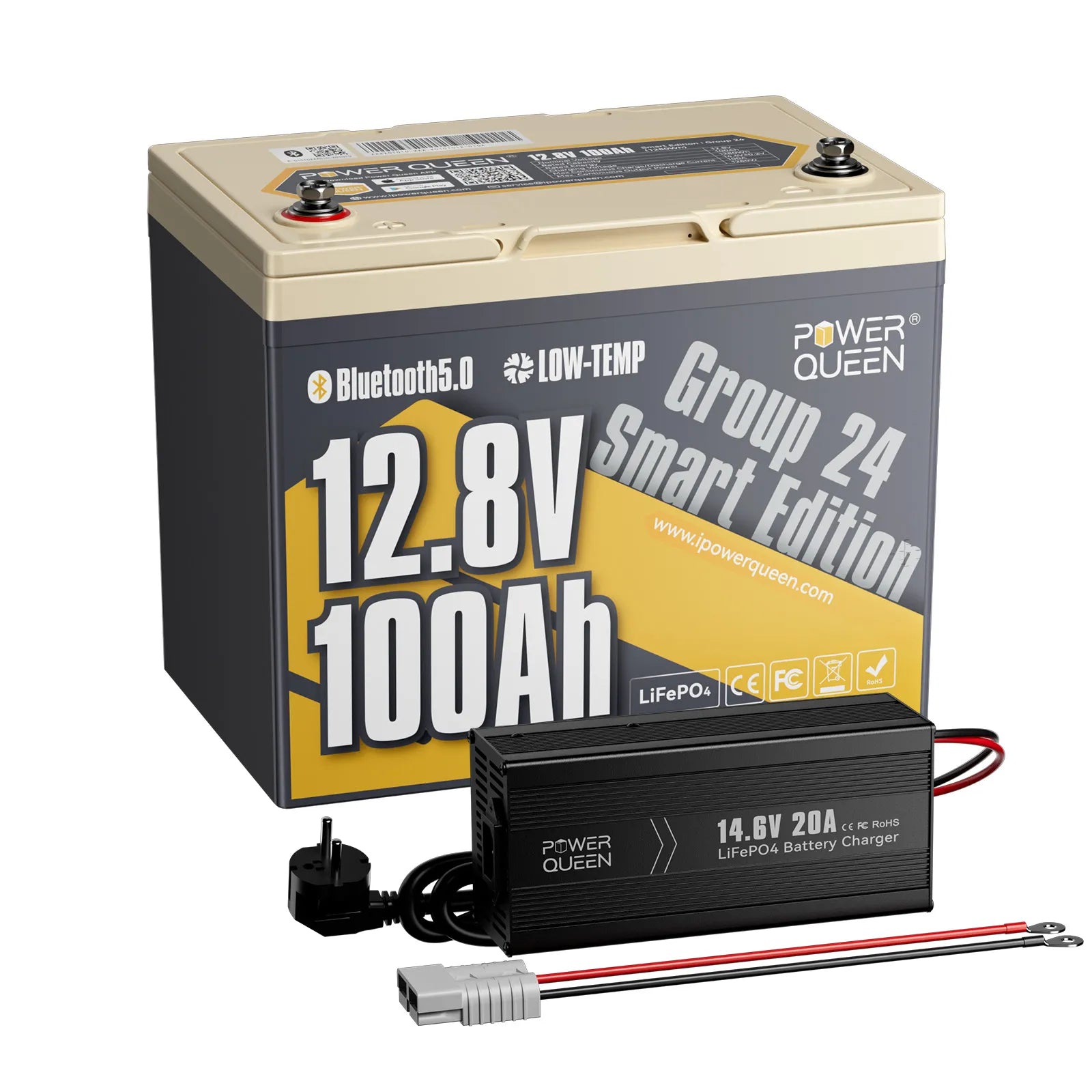 Power Queen 12V 100Ah Gruppe 24 Smart LiFePO4 Batterie mit Bluetooth