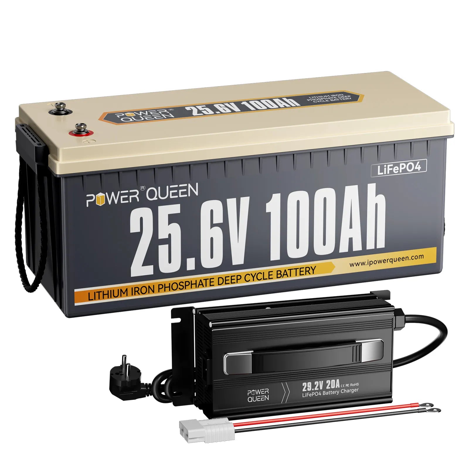 Power Queen 24V 100Ah LiFePO4 Batterie, Eingebautes 100A BMS