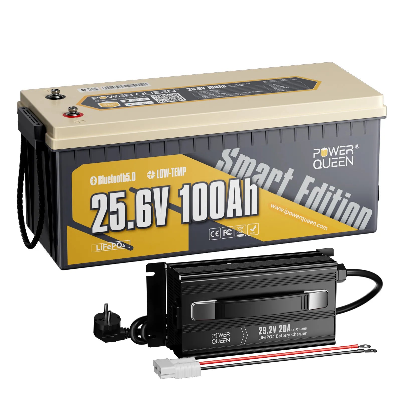 Power Queen LiFePO4 24V 100Ah Smart Solarbatterie mit Bluetooth