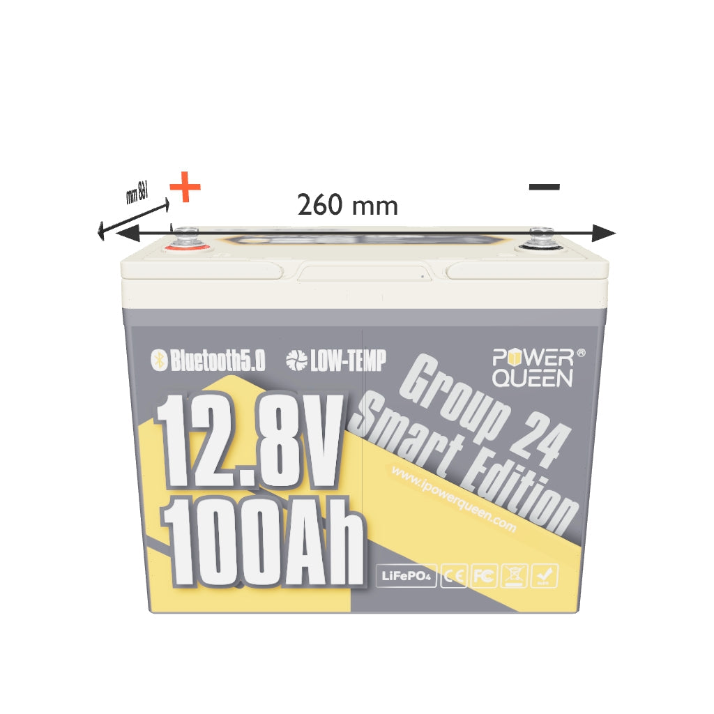 Power Queen 12V 100Ah Gruppe 24 Smart LiFePO4 Batterie mit Bluetooth