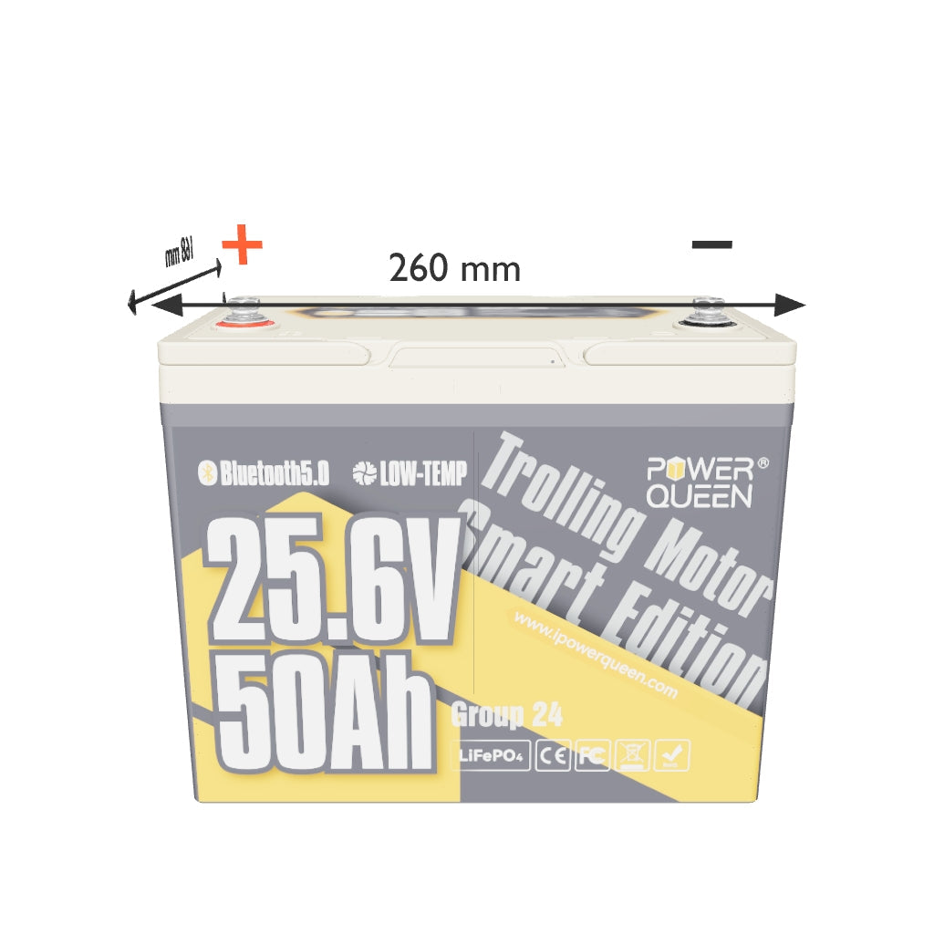 Power Queen LiFePO4 24V 50Ah Smart Niedertemperatur Elektromotor Batterie