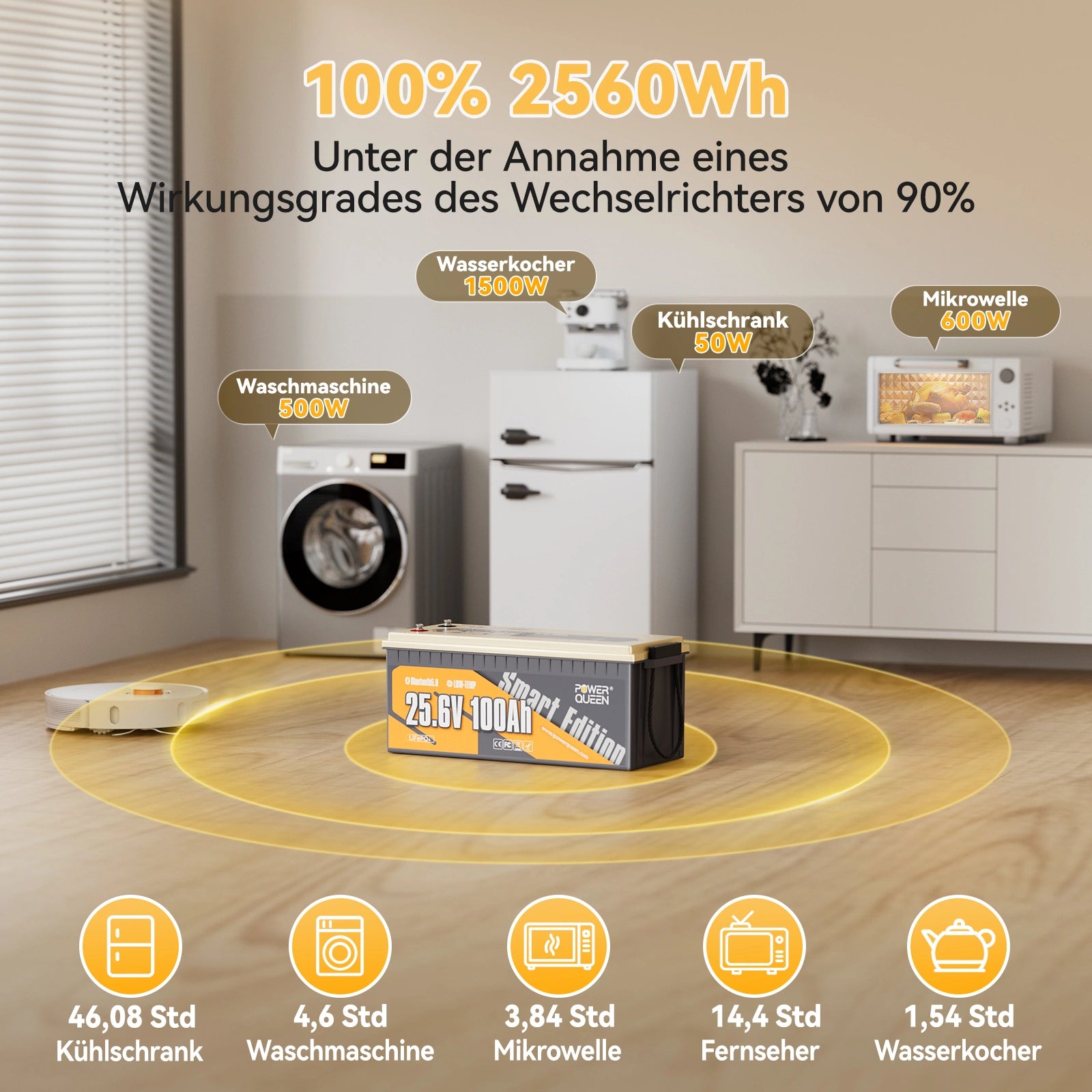 Power Queen LiFePO4 24V 100Ah slimme zonnebatterij met Bluetooth