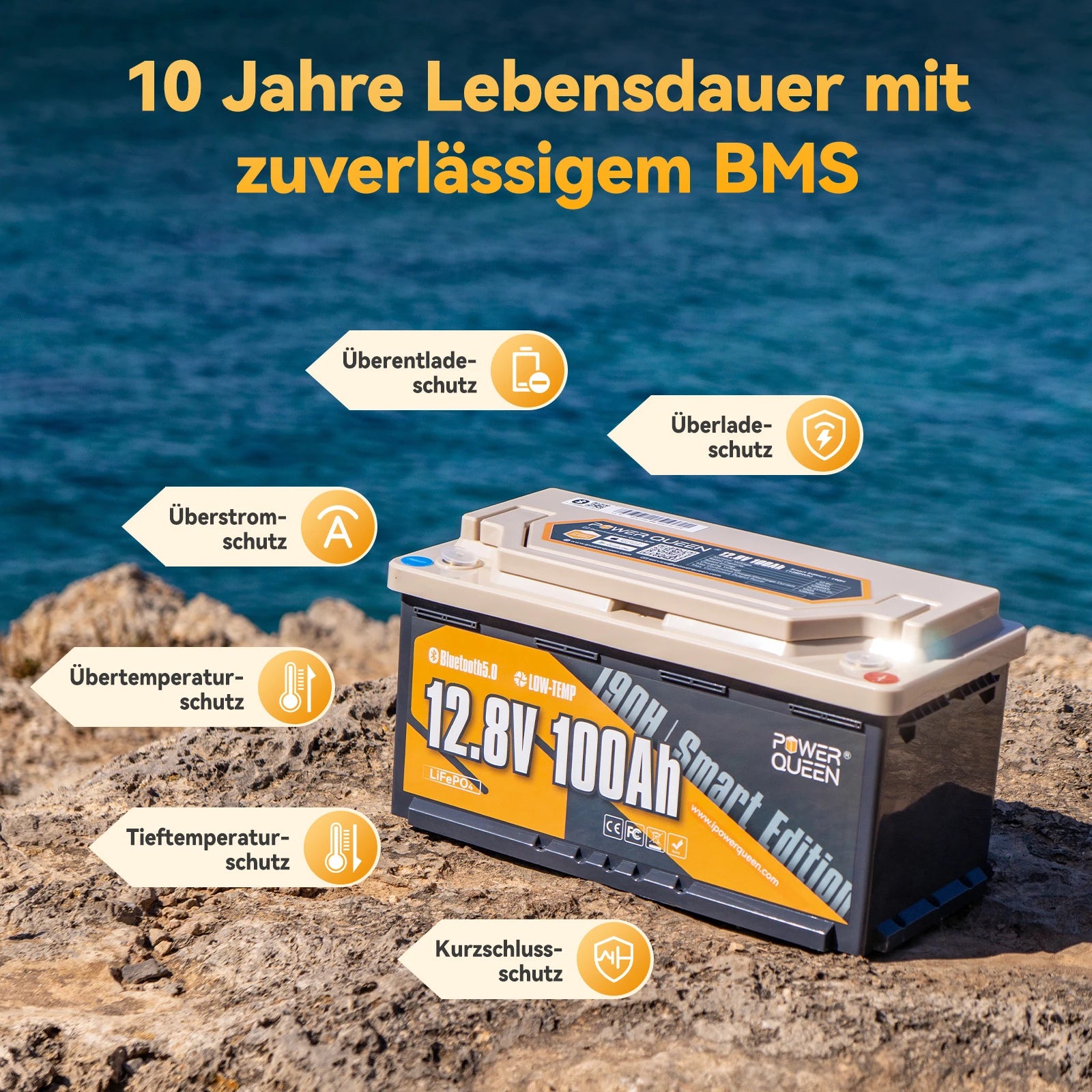 Power Queen LiFePO4 12V 100Ah 190H Smart Wohnmobil Batterie