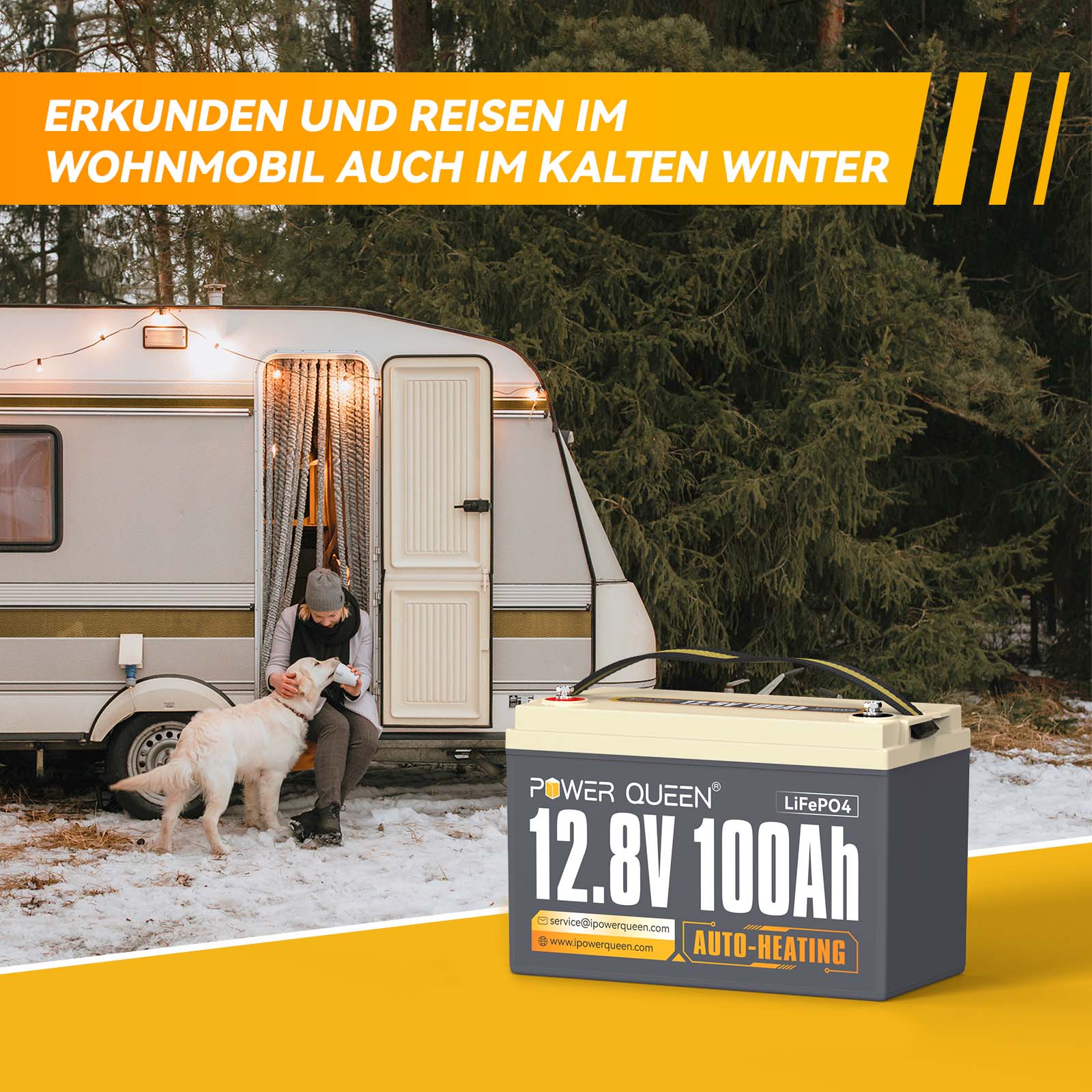 Batterie LiFePO4 auto-chauffante Power Queen 12,8 V 100 Ah, BMS 100 A intégré