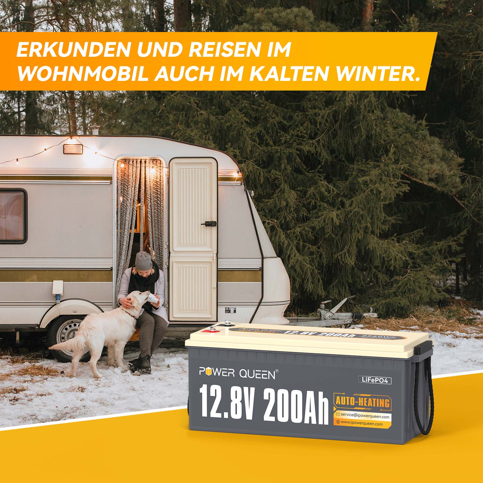 【Als nieuw】Power Queen 12,8 V 200 Ah zelfverwarmende LiFePO4-batterij, ingebouwd 100 A BMS