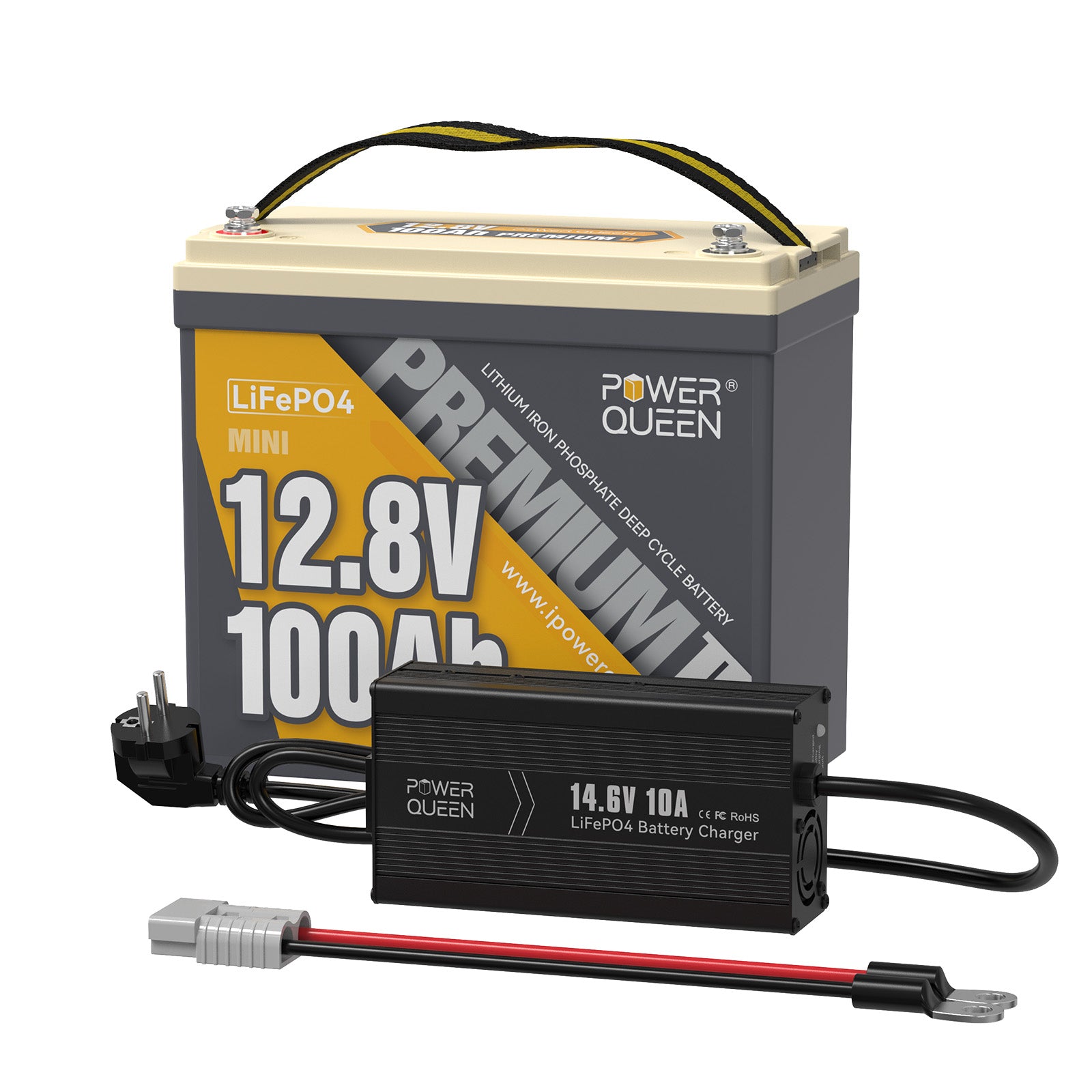 Power Queen 12V 100Ah Mini LiFePO4-batterij, geïntegreerd 100A BMS