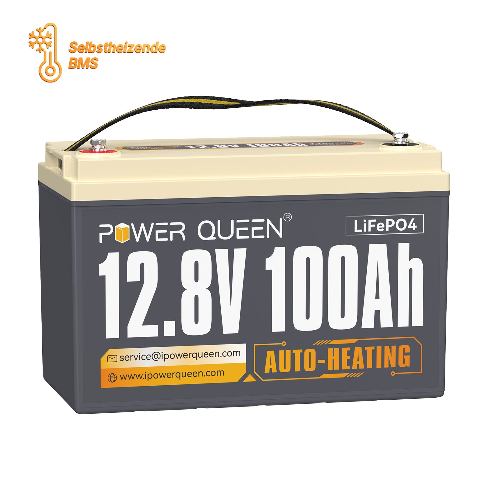 Power Queen 12V 100Ah zelfverwarmende LiFePO4-batterij, ingebouwd 100A BMS