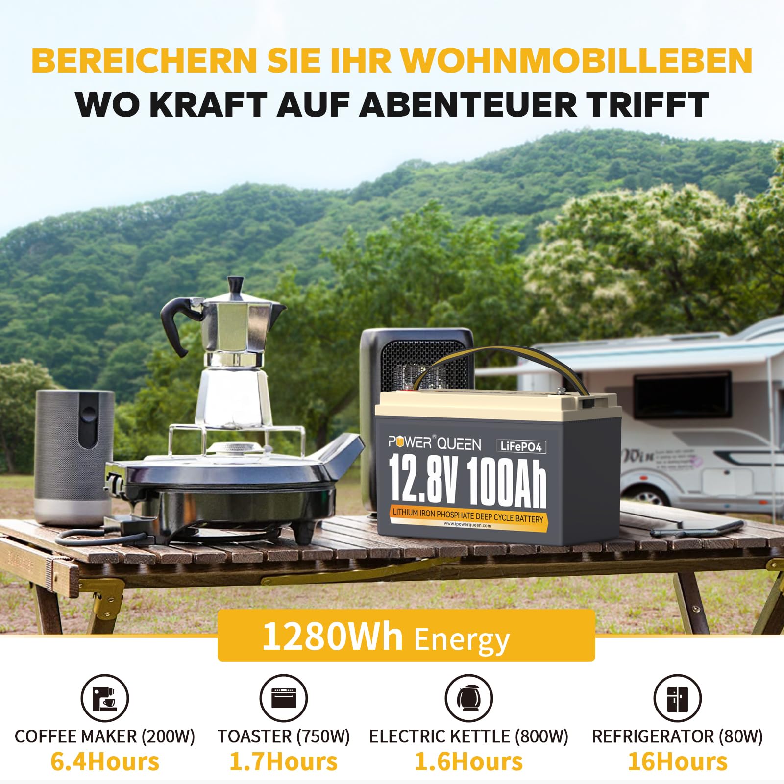 Die Power Queen 12V 100Ah LIFEPO4 Batterie liefert 1280Wh Energie