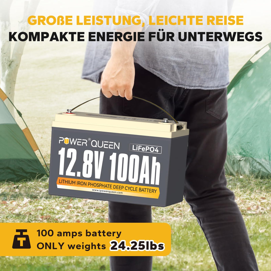 Eine Power Queen 12,8V 100Ah LiFePO4-Batterie wiegt nur 24,25 lbs(11kg)