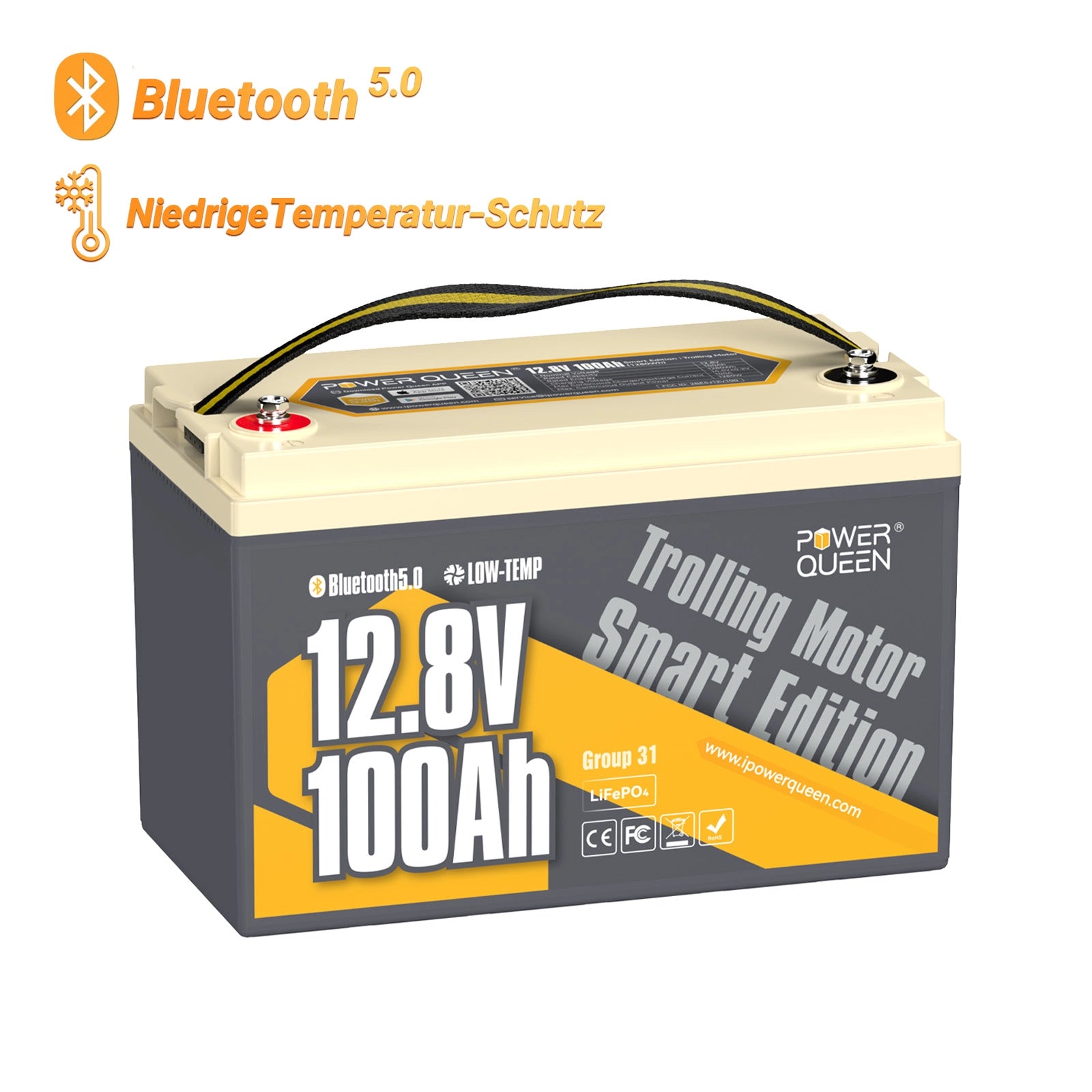 【0% MwSt.】Power Queen 12V 100Ah Niedertemperatur Smart LiFePO4 Batterie