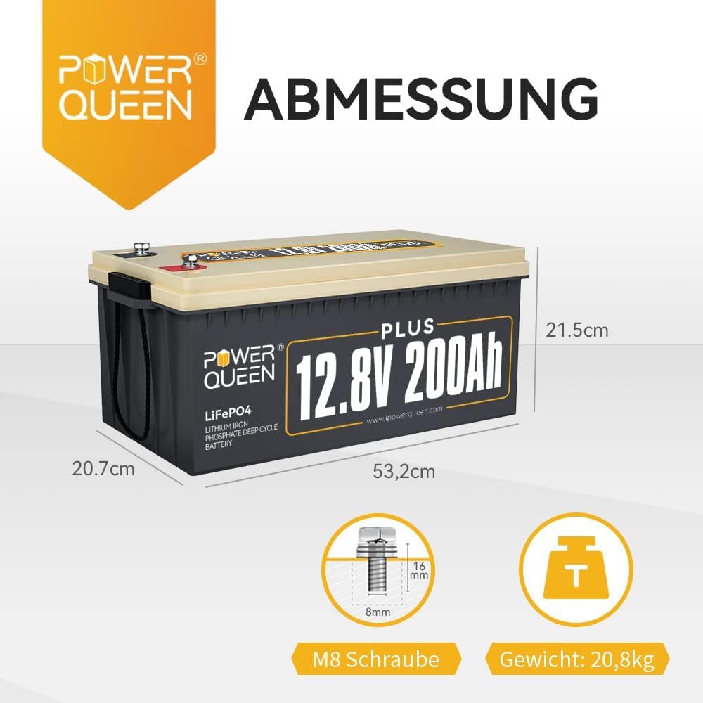 Power Queen 12V 200ah plus Batteria LifePo4, costruita -in 200a bms