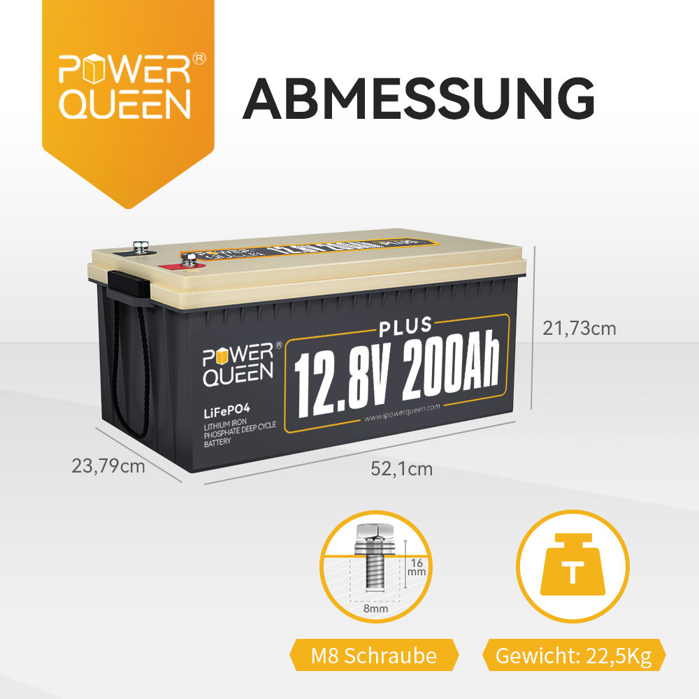 【0% Mwst.】Power Queen 12V 200Ah Plus LiFePO4 Batterie, Eingebautes 200A BMS