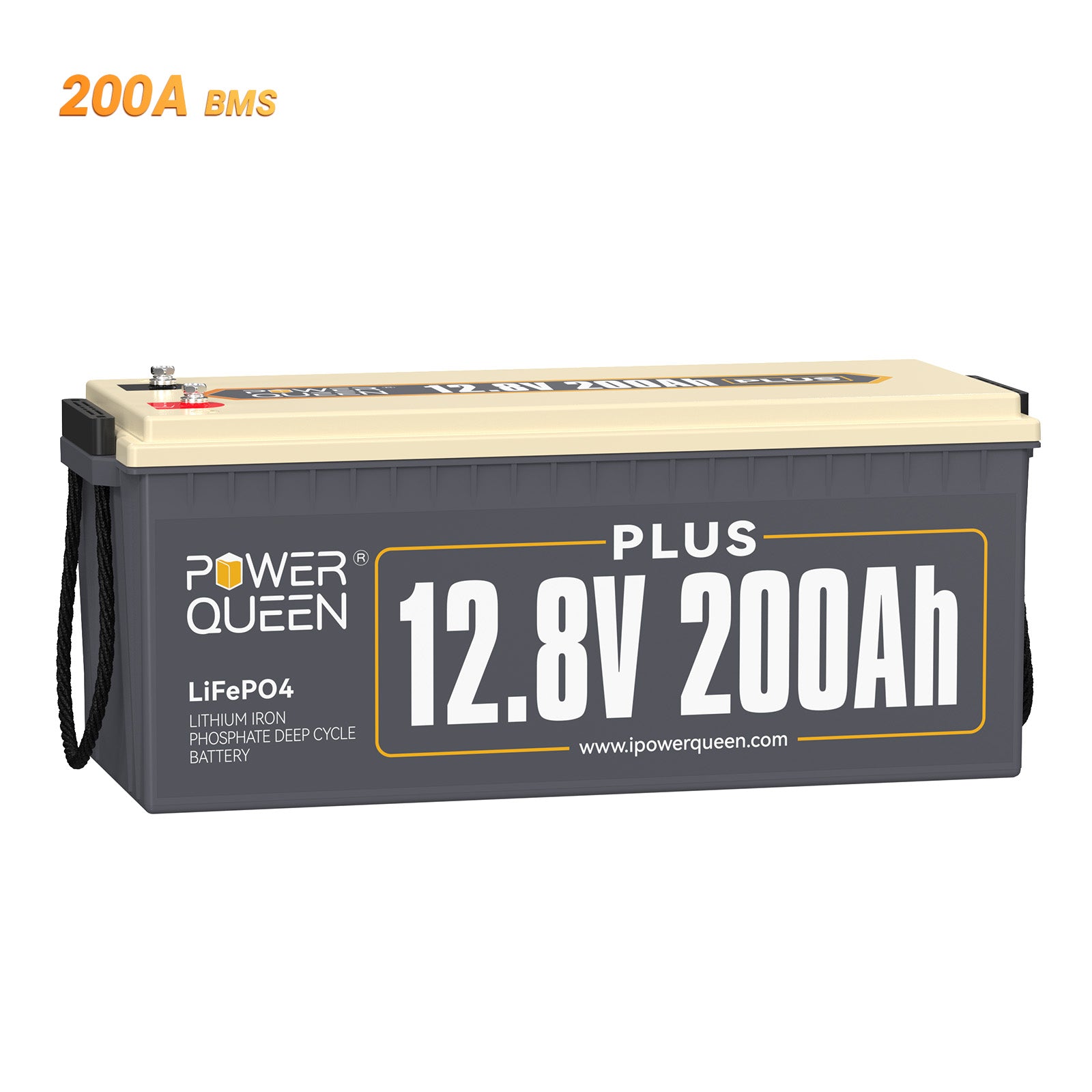 Power Queen 12V 200Ah Plus LiFePO4-batterij, ingebouwd 200A BMS