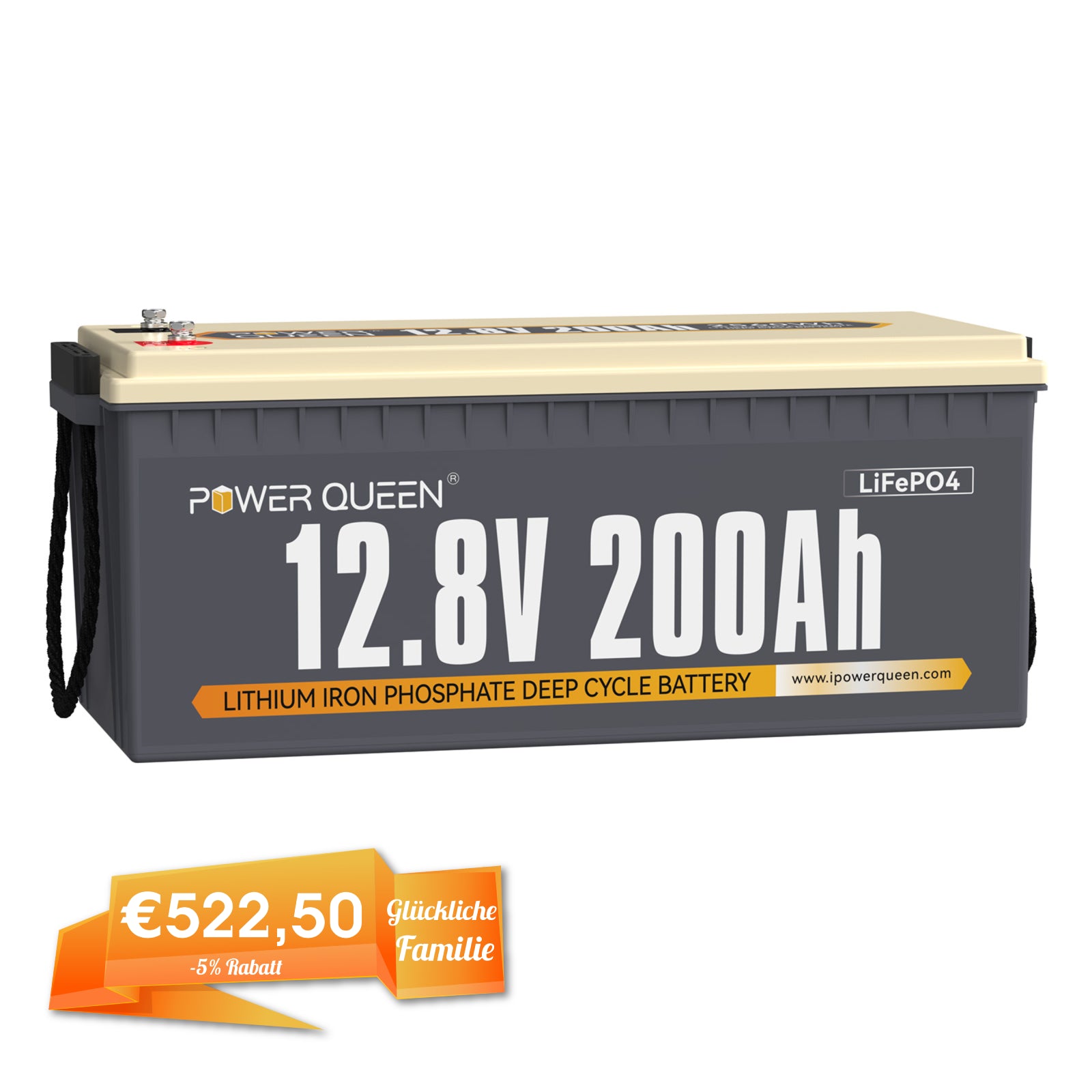 Power Queen 12V 200Ah LiFePO4 Batterie, Eingebautes 100A BMS