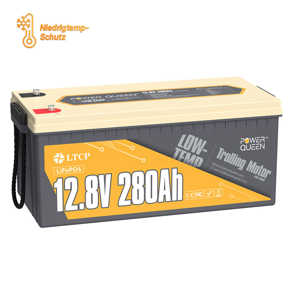 Batería LiFePO4 de baja temperatura Power Queen de 12 V y 280 Ah, BMS de 200 A incorporado