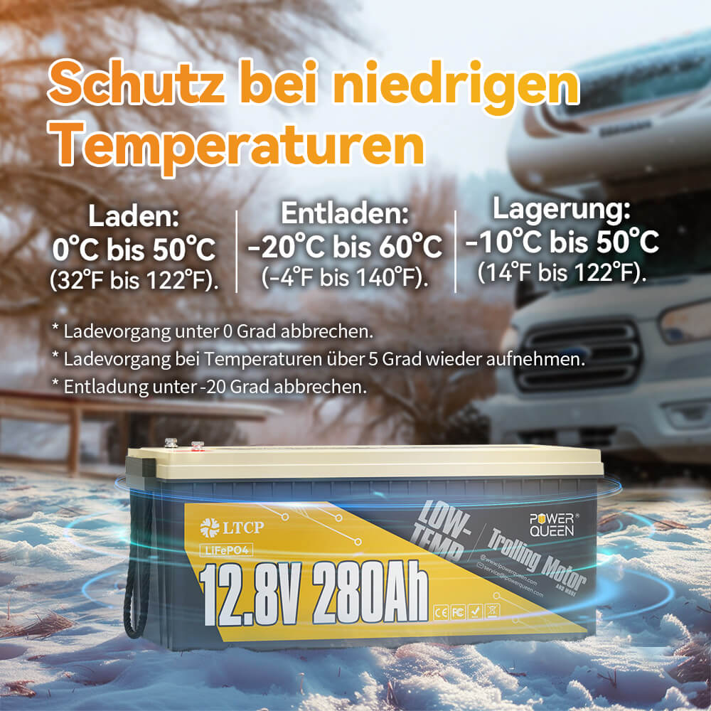 【0% Mwst.】Power Queen 12V 280Ah Niedertemperatur LiFePO4 Batterie mit 200A BMS