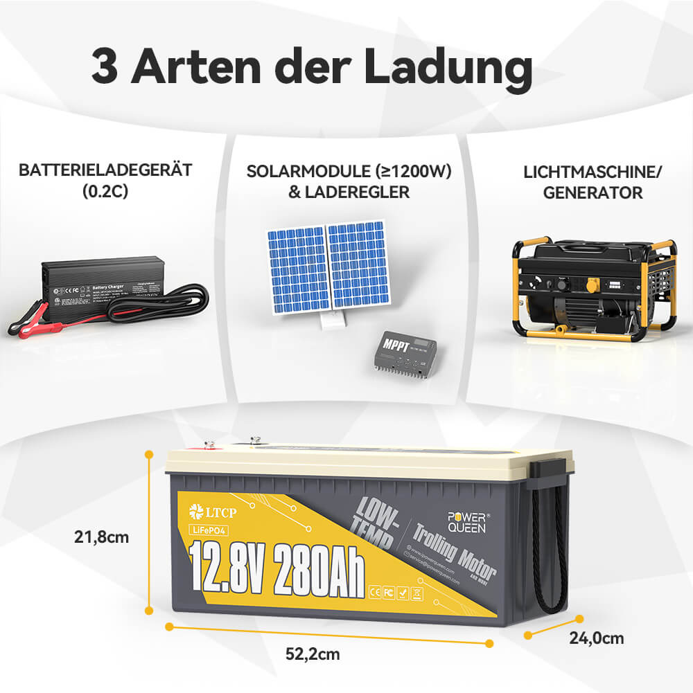 【0% Mwst.】Power Queen 12V 280Ah Niedertemperatur LiFePO4 Batterie mit 200A BMS