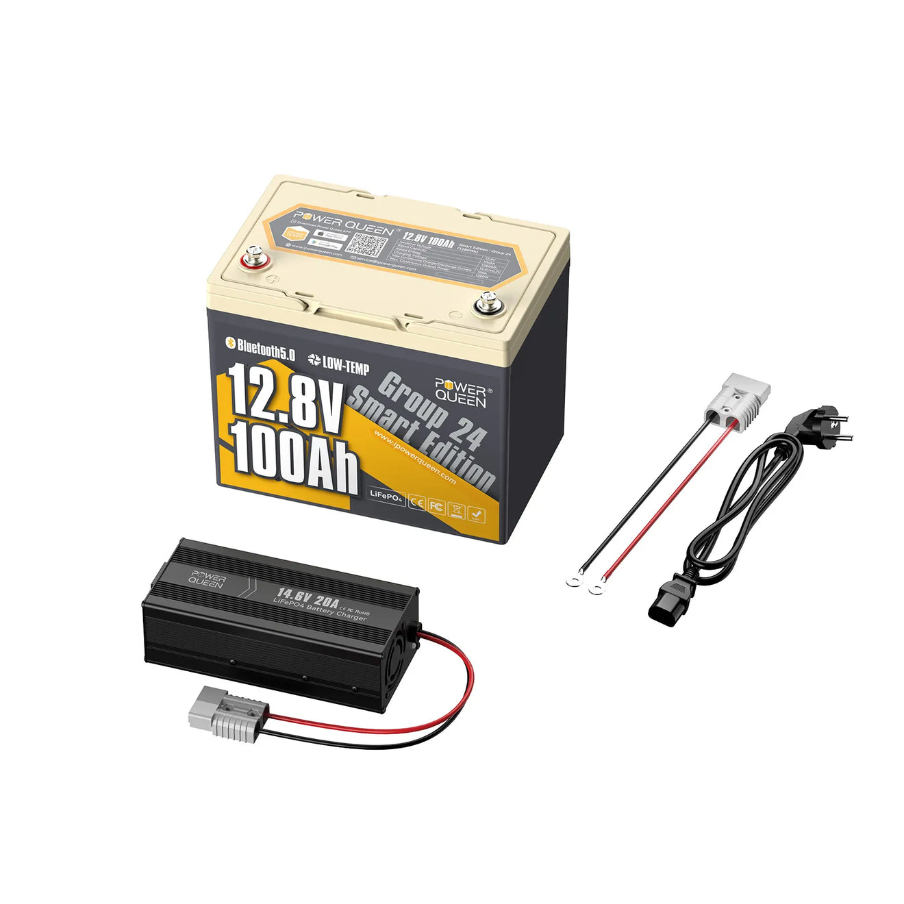 (0% ÁFA) Power Queen 12V 100Ah 24-es csoportú intelligens LiFePO4 akkumulátor Bluetooth-szal