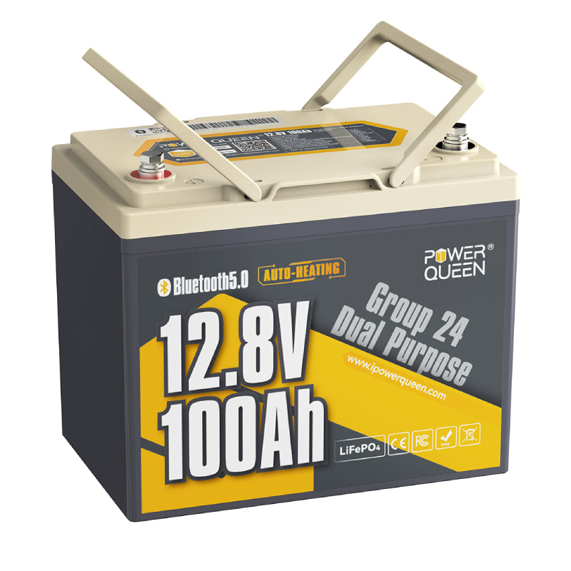 Power Queen 12V 100Ah Dual Purpose Group 24 LiFePO4 Outboard Motor Battery