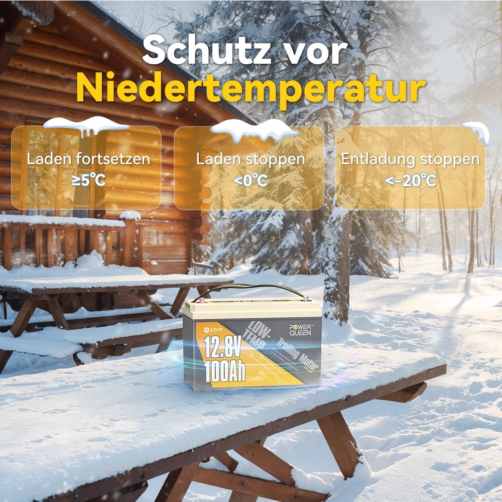 【0% MwSt.】Power Queen 12V 100Ah Niedertemperatur LiFePO4 Batterie mit 100A BMS