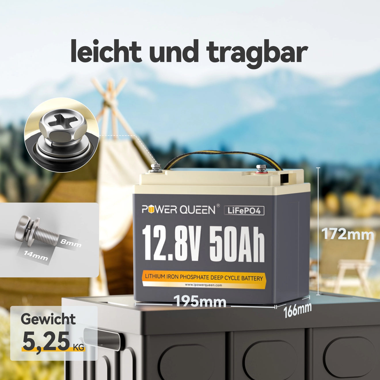 Power Queen 12V 50Ah LiFePO4 Batterie, Eingebautes 50A BMS