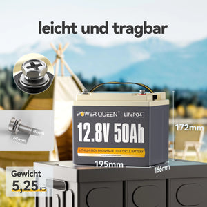 Power Queen 12V 50Ah LiFePO4 Batterie, Eingebautes 50A BMS