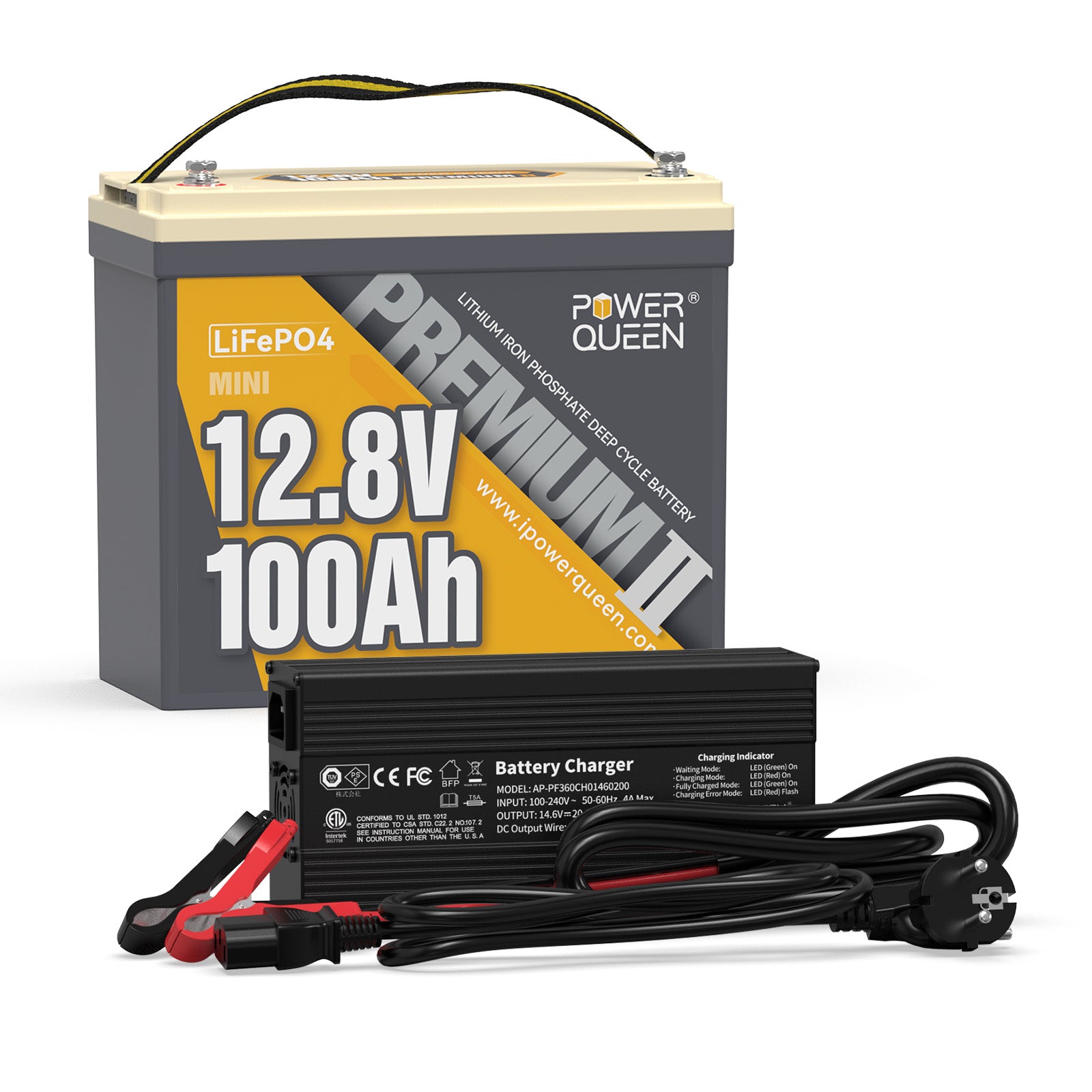 Power Queen 12V 100Ah Mini LiFePO4-Akku + LiFePO4 Ladegerät 14,6V 20A