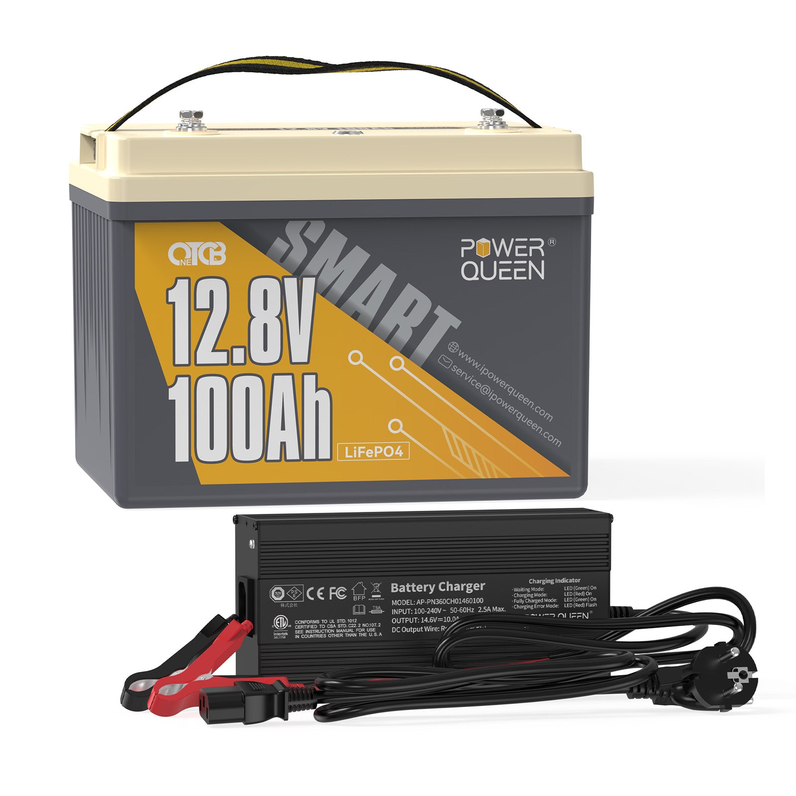 Power Queen 12,8V 100Ah OTCB Smart LiFePO4-batterij, ingebouwd 100A BMS