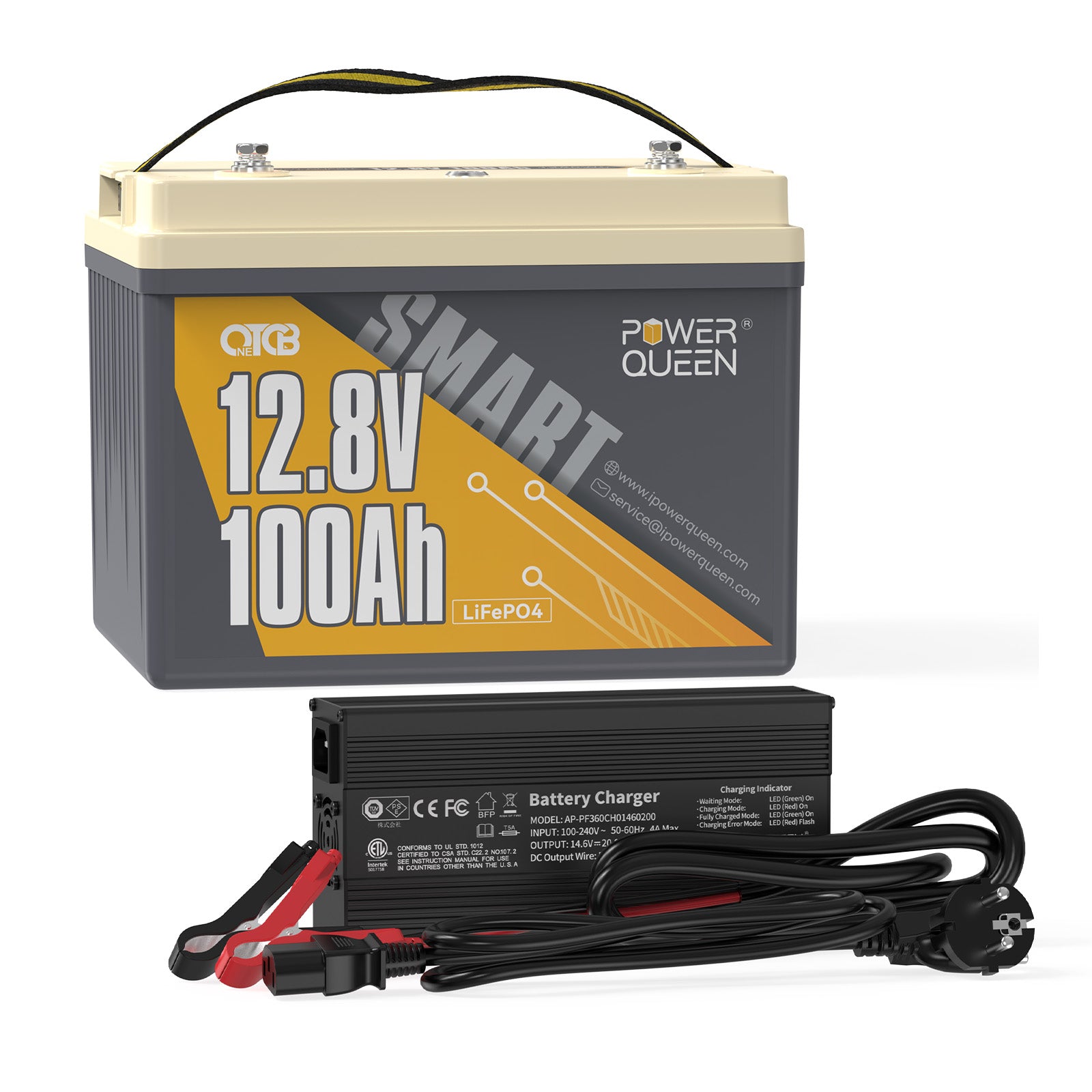 Batterie intelligente LiFePO4 Power Queen 12,8 V 100 Ah OTCB, BMS 100 A intégré