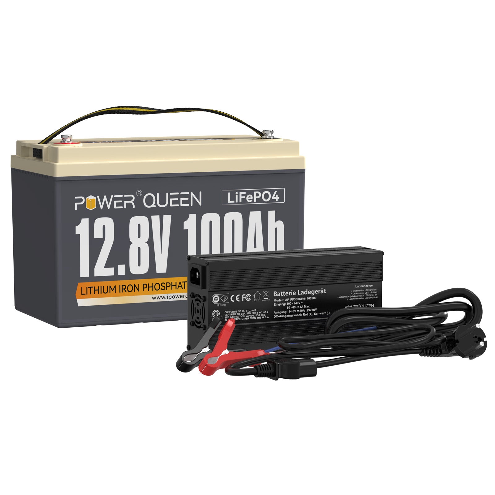 Batterie Power Queen 12,8 V 100 Ah LiFePO4 avec chargeur 14,6 V 20 A LiFePO4