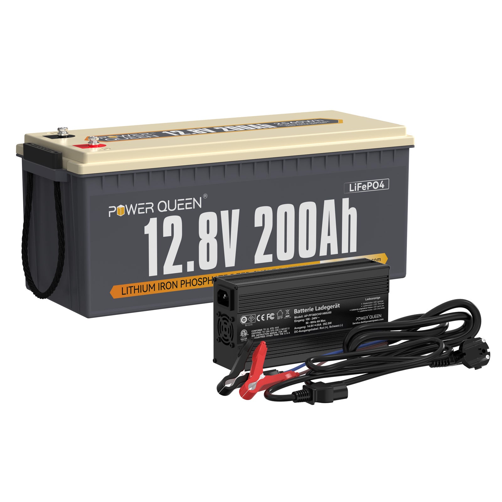 Power Queen 12,8V 200Ah LiFePO4-Akku mit 14,6V 20A LiFePO4 Ladegerät