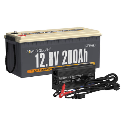 Power Queen 12V 200Ah LiFePO4 battery with 14.6V 20A LiFePO4 charger