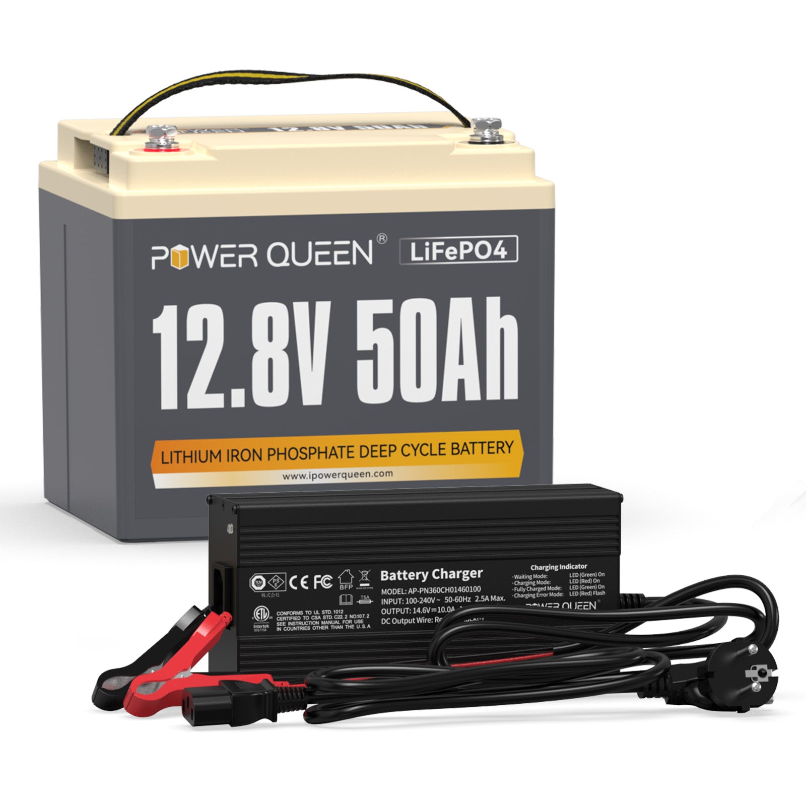Power Queen 12.8V 50Ah LiFePO4 battery with 14.6V 10A LiFePO4 charger