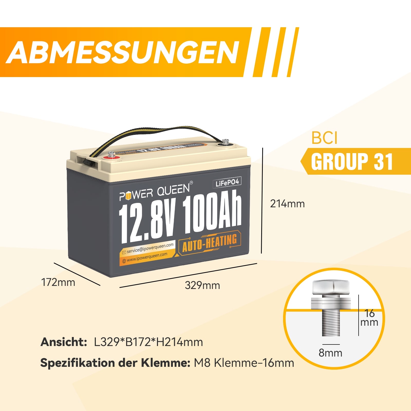 【0% MwSt.】Power Queen 12V 100Ah Selbstheizende LiFePO4 Batterie, Eingebautes 100A BMS
