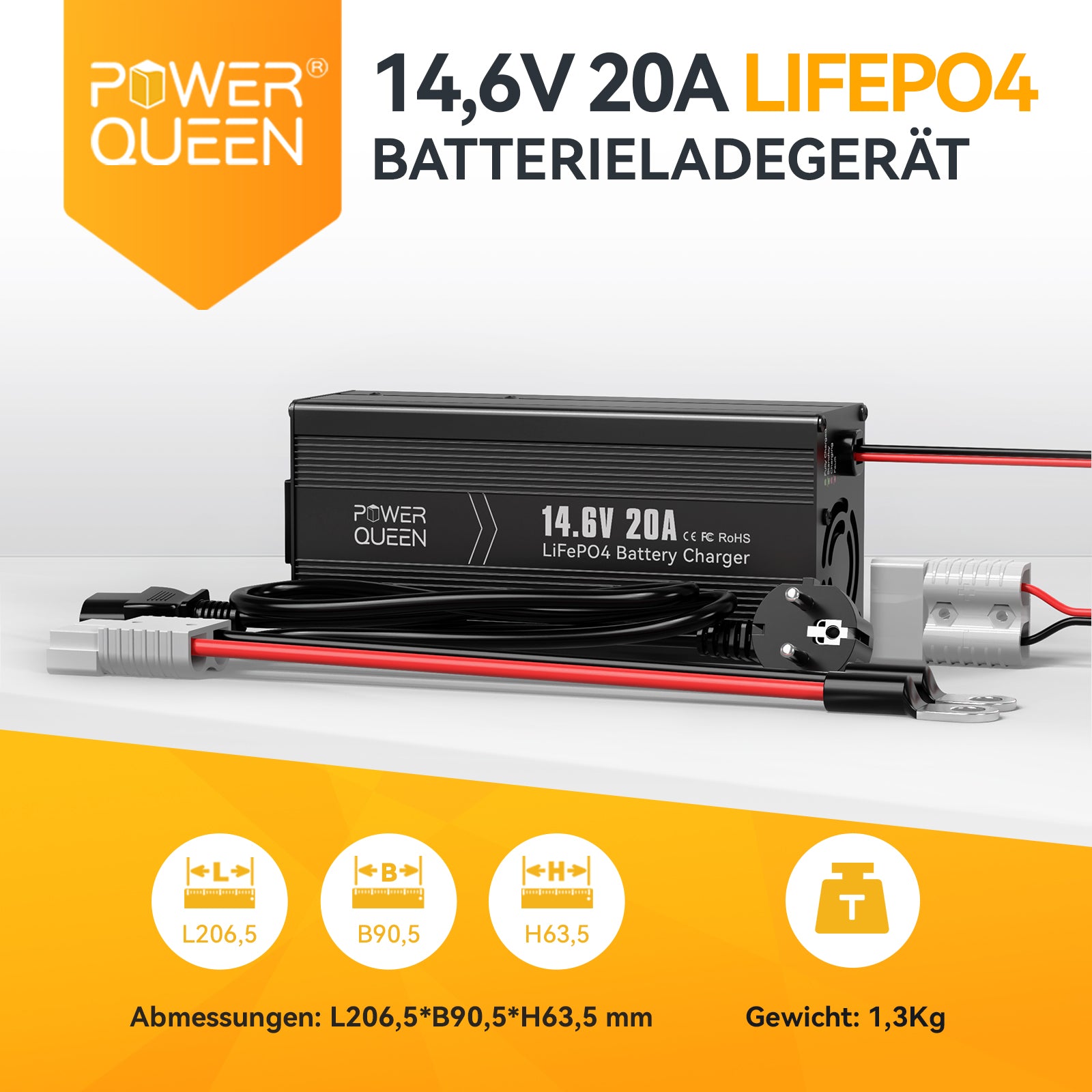 Carregador Power Queen 14,6V 20A LiFePO4 para bateria 12V LiFePO4