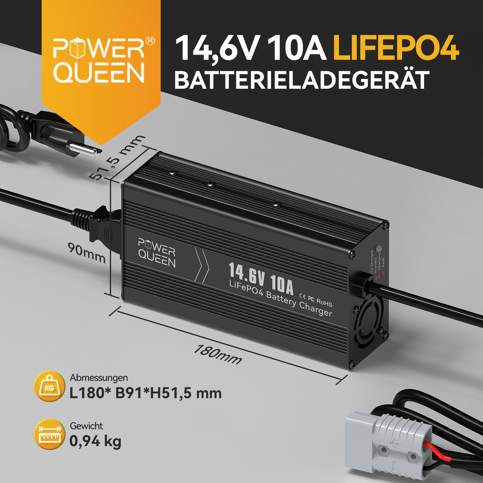 Power Queen 14.6V 10A LiFePO4 charger for 12V LiFePO4 battery