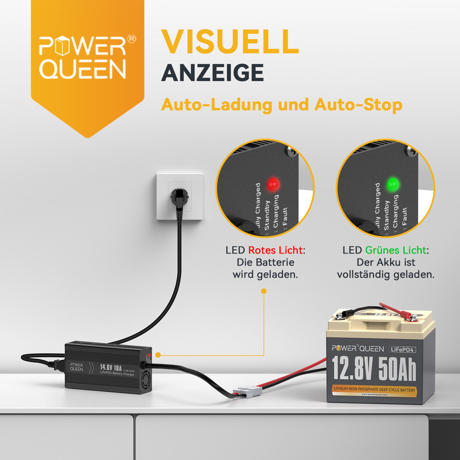 Power Queen 14,6V 10A LiFePO4 oplader voor 12V LiFePO4 accu