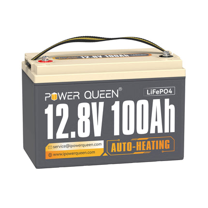 【Als nieuw】Power Queen 12V 100Ah zelfverwarmende LiFePO4-batterij, ingebouwd 100A BMS