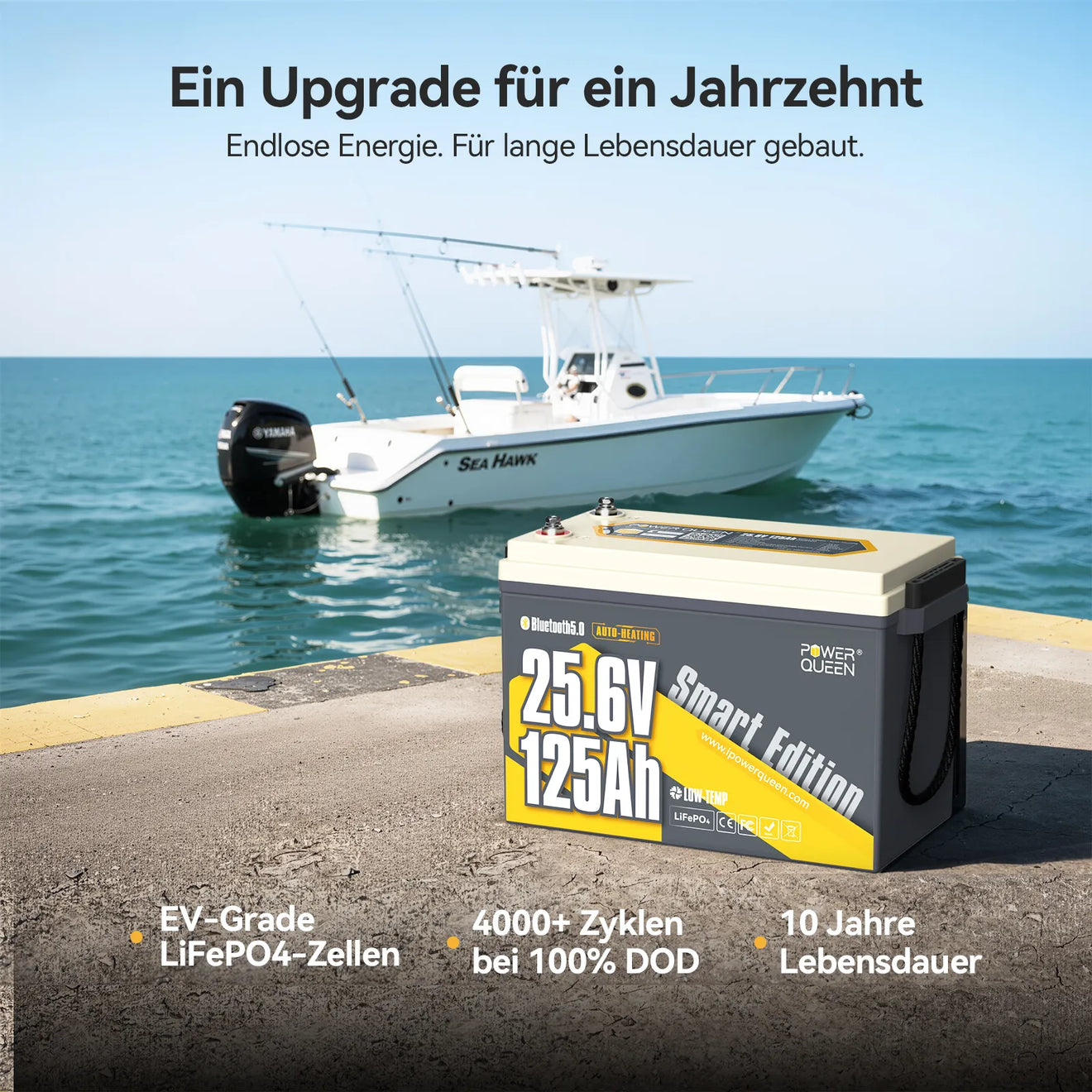 Power Queen 24V 125Ah Smart LiFePO4 Bootsbatterie mit Selbstheizung