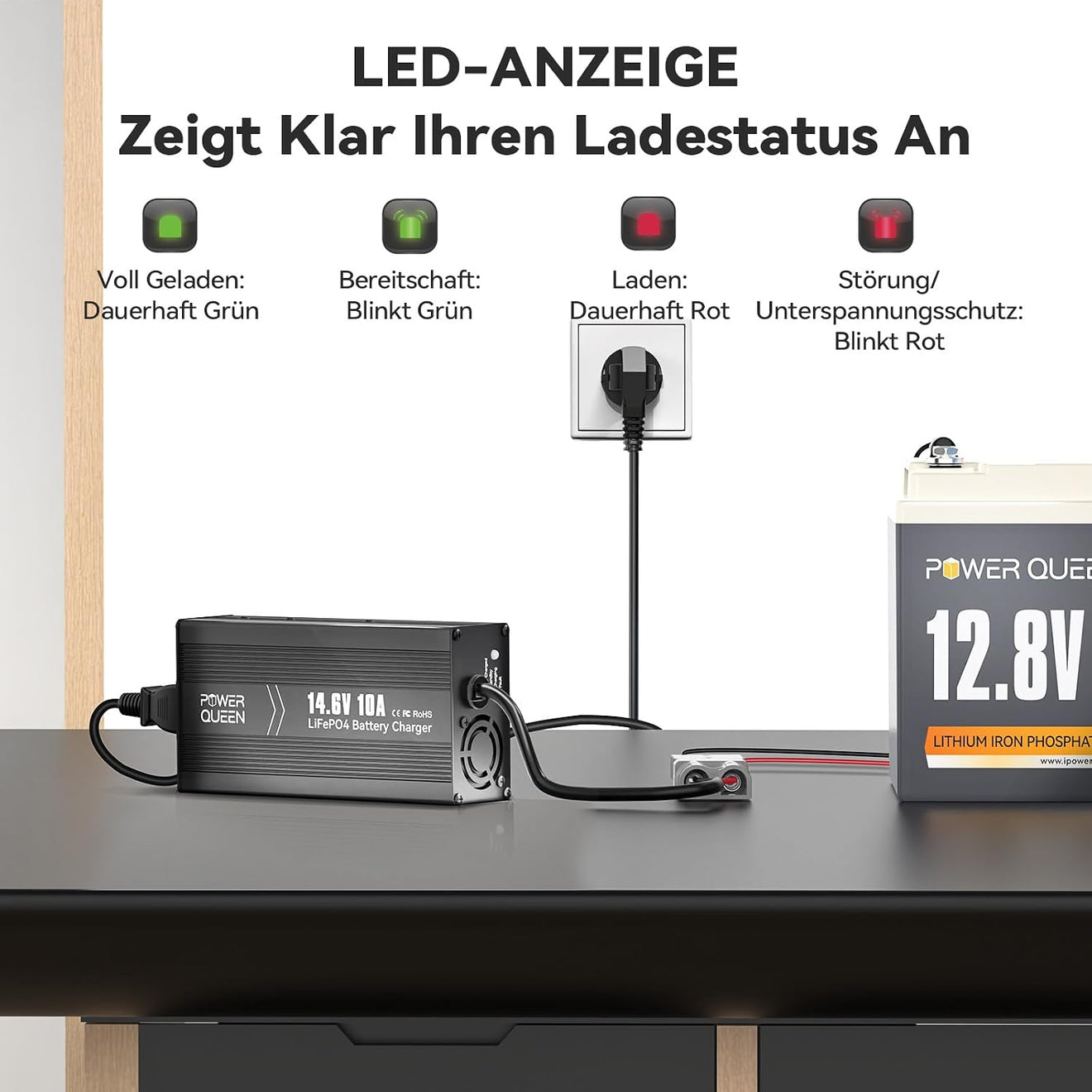 Power Queen 14,6V 10A LiFePO4 Ladegerät für 12V LiFePO4-Batterie