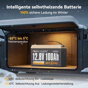 Power Queen 12V 100Ah Selbstheizende LiFePO4 Batterie, Eingebautes 100A BMS