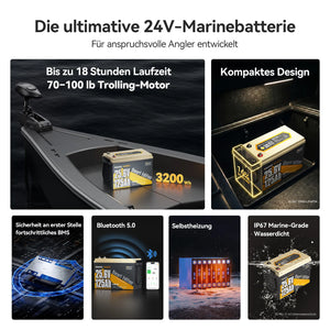 Power Queen 24V 125Ah Smart LiFePO4 Bootsbatterie mit Selbstheizung