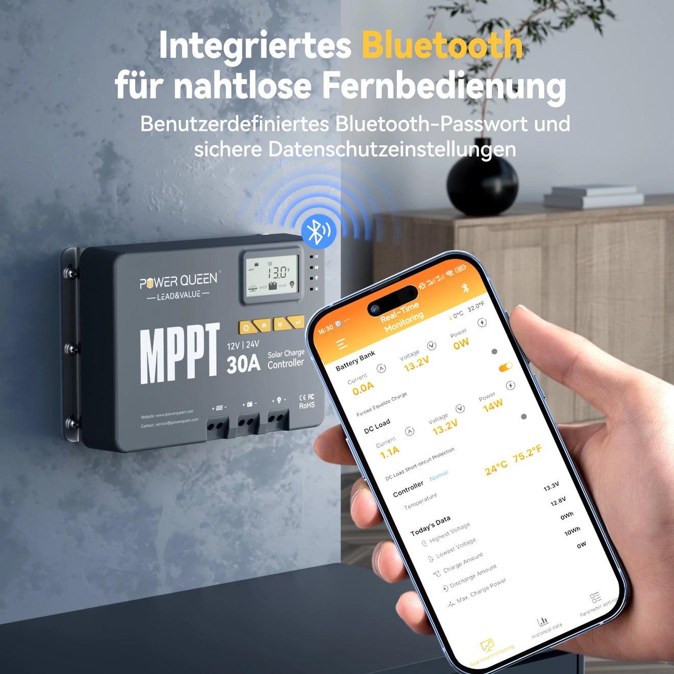 Power Queen MPPT 12/24V 30A Solarladeregler mit Bluetooth-Modul